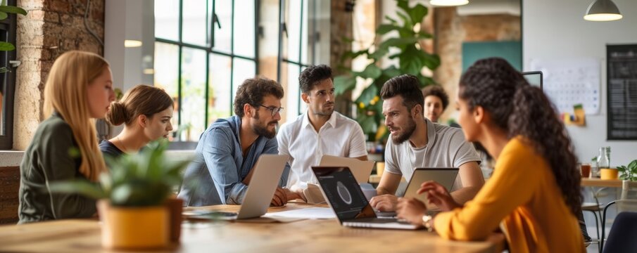 A diverse team engaged in a meeting around a table in a well-lit modern office, suggesting a collaborative work environment ideal for corporate settings.