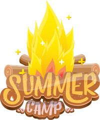 vector summer camp cartoon logo with campfire isolated on white background. Summer camp vintage funky flyer, funny label and poster design template with fireplace and summer camp text