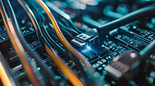 Web banner of glowing data cables transferring information inside computer server