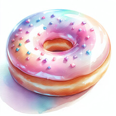 Watercolor Drawing of a Cute Little Colored Donut on a White Background Clipart