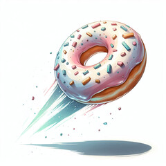 Watercolor Drawing of a Cute Little Colored Flying Donut on a White Background Clipart