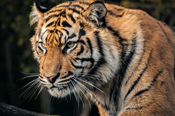 Majestic Bengal tiger standing in profile in a natural, outdoor environment.