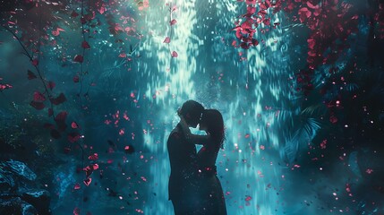 a couple kissing under water fall 