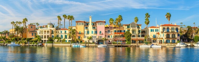 Obraz premium A vast body of water is encircled by numerous palm trees, creating a tropical and scenic landscape. The palm trees add to the beauty of the waters expanse under the bright sky.