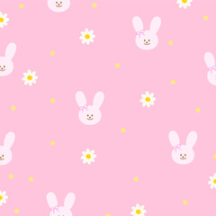 Illustration of bunny, daisy flowers on a pastel pink background for floral print, girly pattern, kid clothes, gift wrap, packaging, fabric, wallpaper, backdrop, women textile, garment, easter, animal