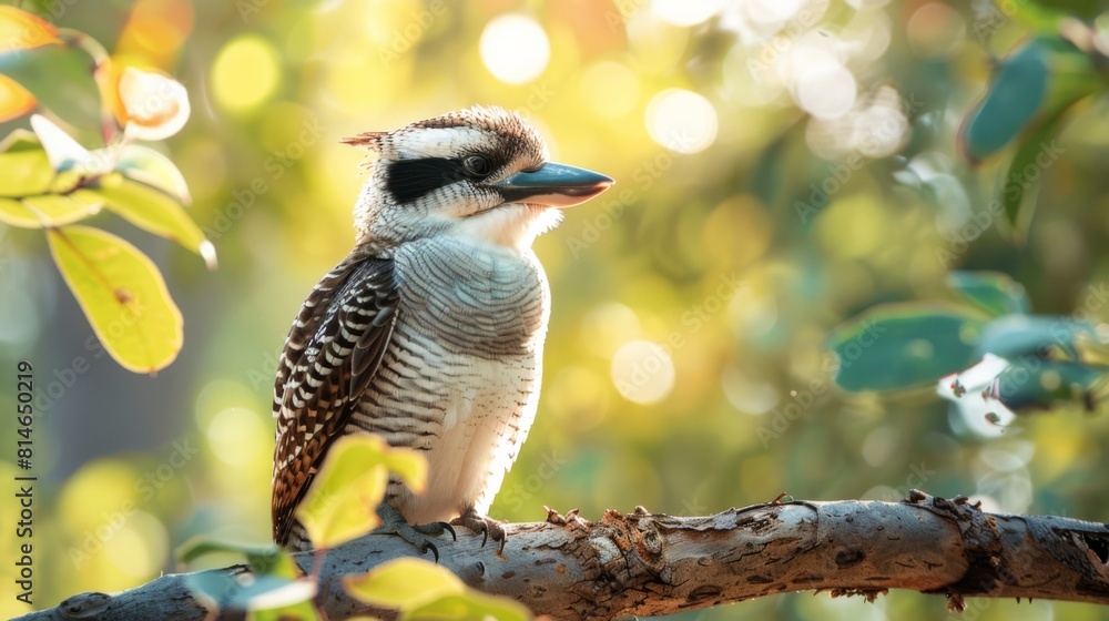 Poster a kookaburra bird is sitting on a tree branch, showcasing its distinctive appearance and behavior in