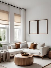 Mockup poster frame in Scandinavian living room interior background, home interior mockup, frame mockup