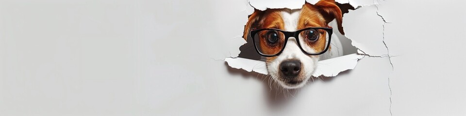 A cute dog looks through a ripped hole, a white paper background, and wearing glasses comes out tearing the colorful paper. Generated by AI