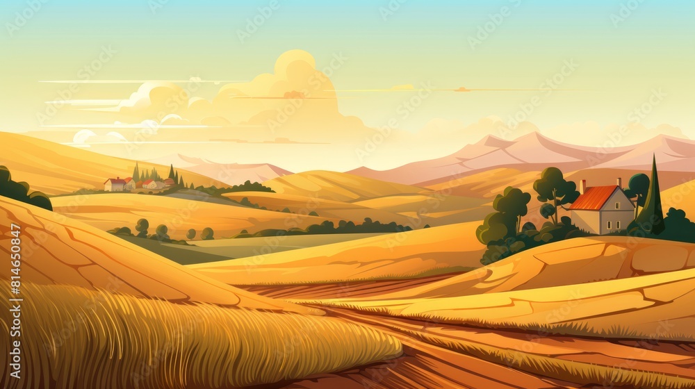 Poster generative ai a tranquil countryside scene with rolling hills and a farmhouse. vector cartoon graphi