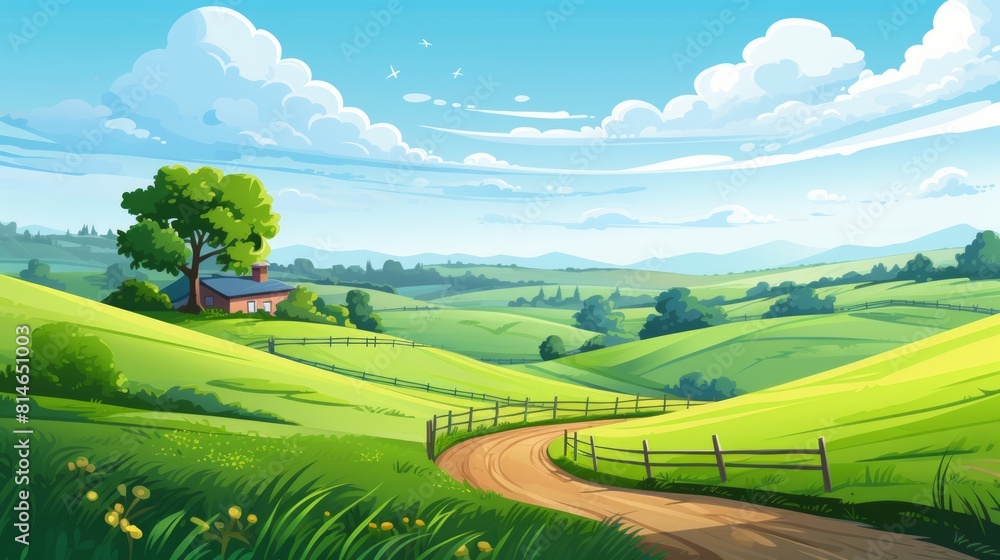 Aufkleber generative ai a tranquil countryside scene with rolling hills and a farmhouse. vector cartoon graphi