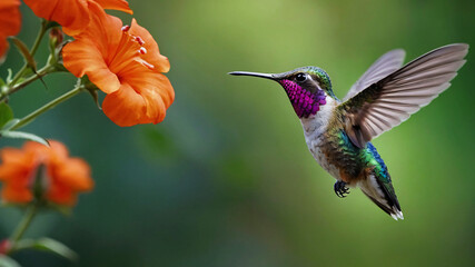 Fototapeta premium Stunning Pretty Hummingbird In Flight Soft Bokeh Background With Flowers And Natural Colours 300PPi High Resolution Image