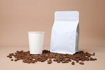 Standing Coffee Cup And Coffee Pouch With Beans