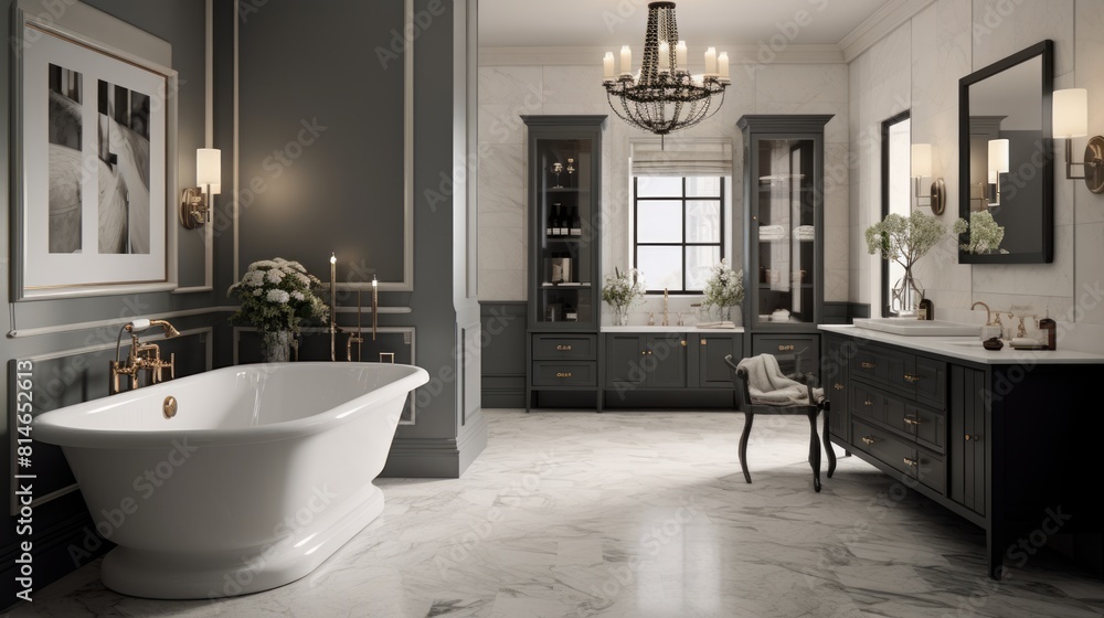 Poster generative ai a transitional-style bathroom with a blend of modern and traditional elements for a ti