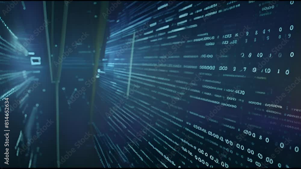 Aufkleber Animated camera moving through a digital cyberspace, showing programming data code text and futuristic HUD elements. Ideal for tech titles and backgrounds, news headlines, and business intro