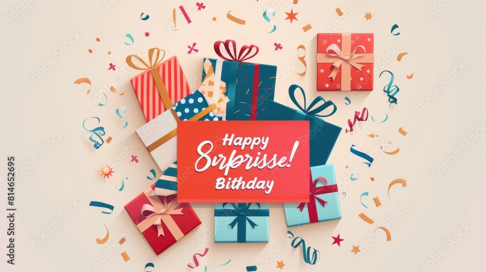Poster a colorful image of many presents with a red sign that says happy surprize birthday. the image conve
