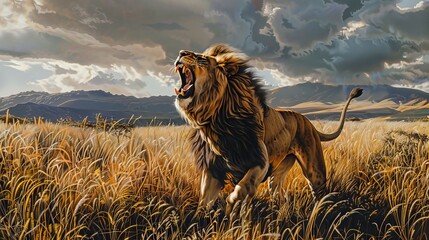 Majestic lion roaring under dramatic stormy skies in the savanna
