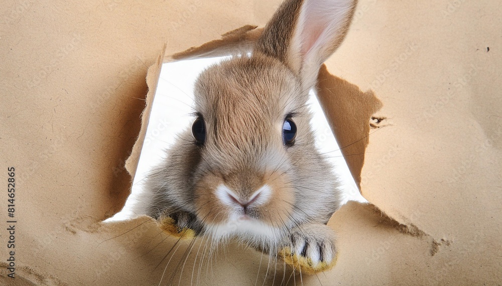 Poster little rabbit looks through a hole in paper