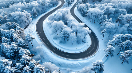 Curves, paths, snow-covered roads snow in winter