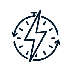 Clock, lightning. Fast charging concept. Vector linear icon isolated on white background.
