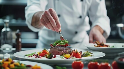Chef cooks and presents a dish in the kitchen of a luxury restaurant