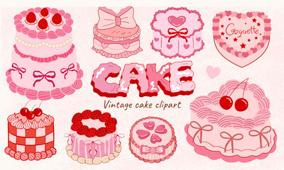 Coquette cake, Vintage Pink Cake Collection with Retro Decorations and Heart cake, pink coquette clipart , y2k clipart, pink ribbon, Pink Coquette Ribbon Clipart Gift bow valentine 