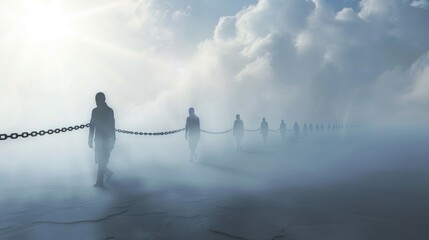 A group of people traverse a chain pathway amidst swirling fog, symbolizing unity and resilience, banner, copy space