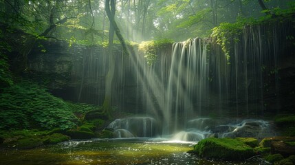 Majestic waterfall cascading through a lush, sunlit forest, embodying tranquility and natural beauty