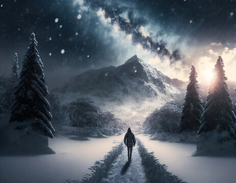 Person walking alone on a snow-covered path with mountains and falling snow.