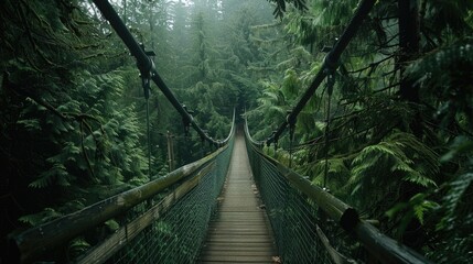 Bridge Forest. Vancouver suspension bridge in evergreen forest wilderness