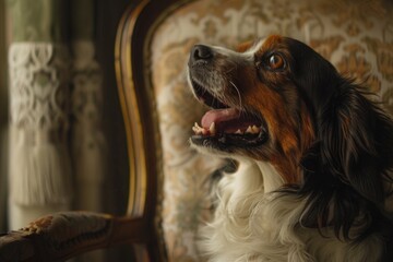 Dog Sitting On Dog. Portrait of Panting Canine on Chair