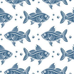 Seamless pattern, silhouettes of sea fish with water bubbles on a white background. Printing, textiles