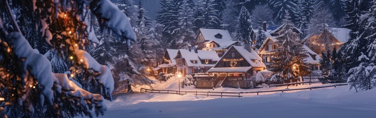 Fototapeta premium A large house stands amidst snow-covered trees in a winter landscape. The trees are completely covered in snow, creating a serene and wintery scene.