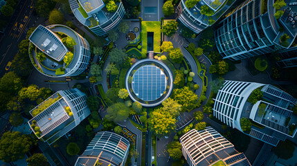 A photo featuring energy-efficient buildings and green infrastructure, captured from above with a drone. Highlighting the integration of sustainable design features and renewable energy systems in urb