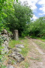 Fototapeta premium Road in a medieval city. Stone wall. Tall menhir on the side of the road. Samshvilde, Georgia