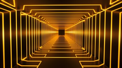 Vibrant Neon Light Corridor in gold Tones and abstract Shapes