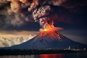 Majestic and devastating volcanic eruption with fiery lava and billowing ash clouds over a tranquil lake at twilight