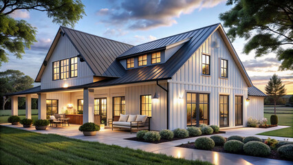 Farmhouse interior design style house architecture at dusk