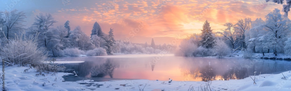 Poster a snowy landscape with a lake and trees in the background. the sky is pink and orange, creating a wa