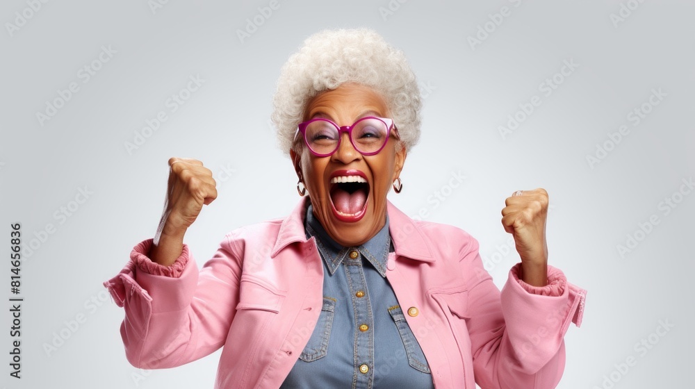 Aufkleber generative ai photo of ecstatic afro grandma shout loud yeah fist up raise win lottery isolated whit