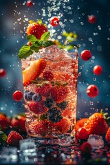 A glass of fruit punch with ice and berries