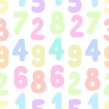 Multicolored numbers from 0 to 9. Square seamless vector pattern. Repeating pattern of colored Arabic numeric symbols. Flat style. Learning to count. Isolated colorless background. Idea for web design