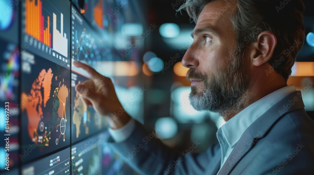 Poster businessman pointing at risk management concept on screen. generative ai.