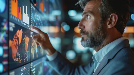 Businessman pointing at risk management concept on screen. Generative AI.