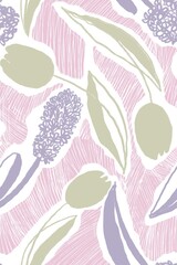 Sketchy seamless pattern with tulips and hyacinths, hatched, for fabric, wallpaper, surface design