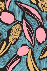 Sketchy seamless pattern with tulips and hyacinths, hatched, for fabric, wallpaper, surface design