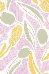 Sketchy seamless pattern with tulips and hyacinths, hatched, for fabric, wallpaper, surface design
