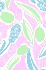 Sketchy seamless pattern with tulips and hyacinths, hatched, for fabric, wallpaper, surface design
