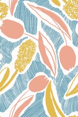 Sketchy seamless pattern with tulips and hyacinths, hatched, for fabric, wallpaper, surface design
