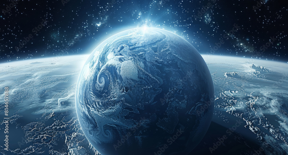 Poster Earth Like planet with a glowing blue atmosphere. Generative AI.
