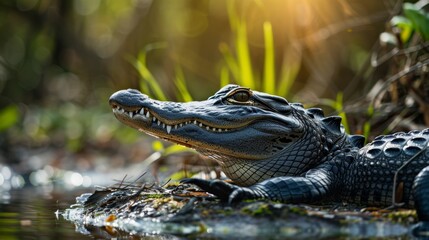 Obraz premium A large alligator is laying on a rock in a pond. The water is calm and the sun is shining brightly